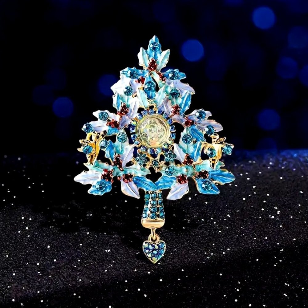 Large Stunning Frosty Blue Rhinestone • Christmas Tree Brooch